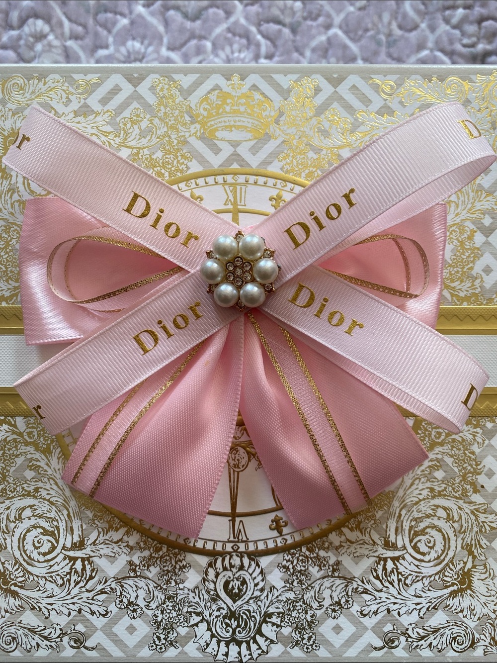 Handmade Dior Pink Ribbon Brooch with Pearl Cluster and Gold Trim Hairclip